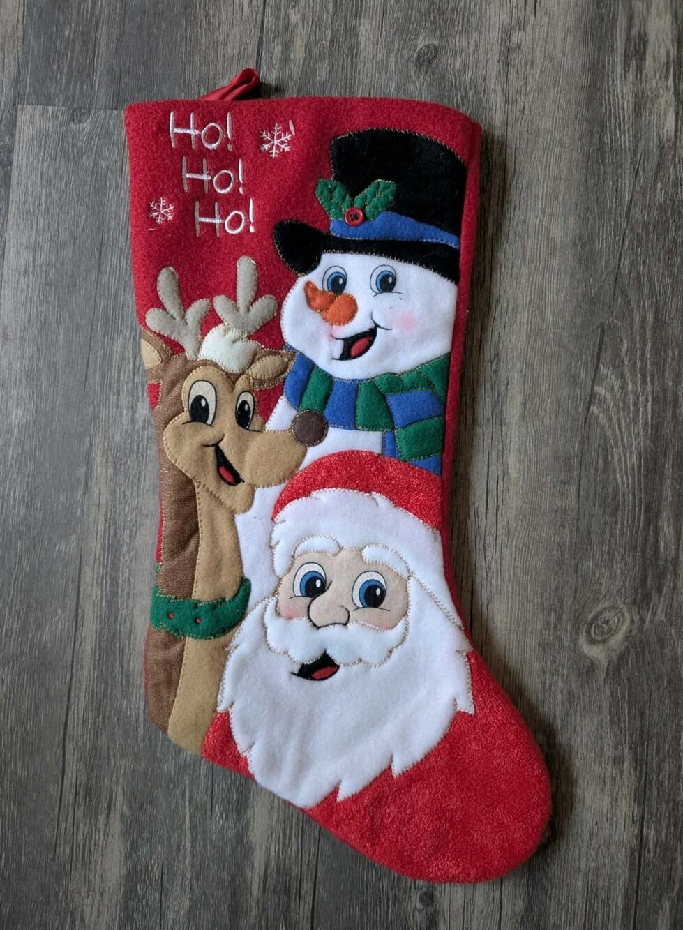 Vintage Embroidered Felt Santa Rudolph Frosty the Snowman Christmas Stocking 18"